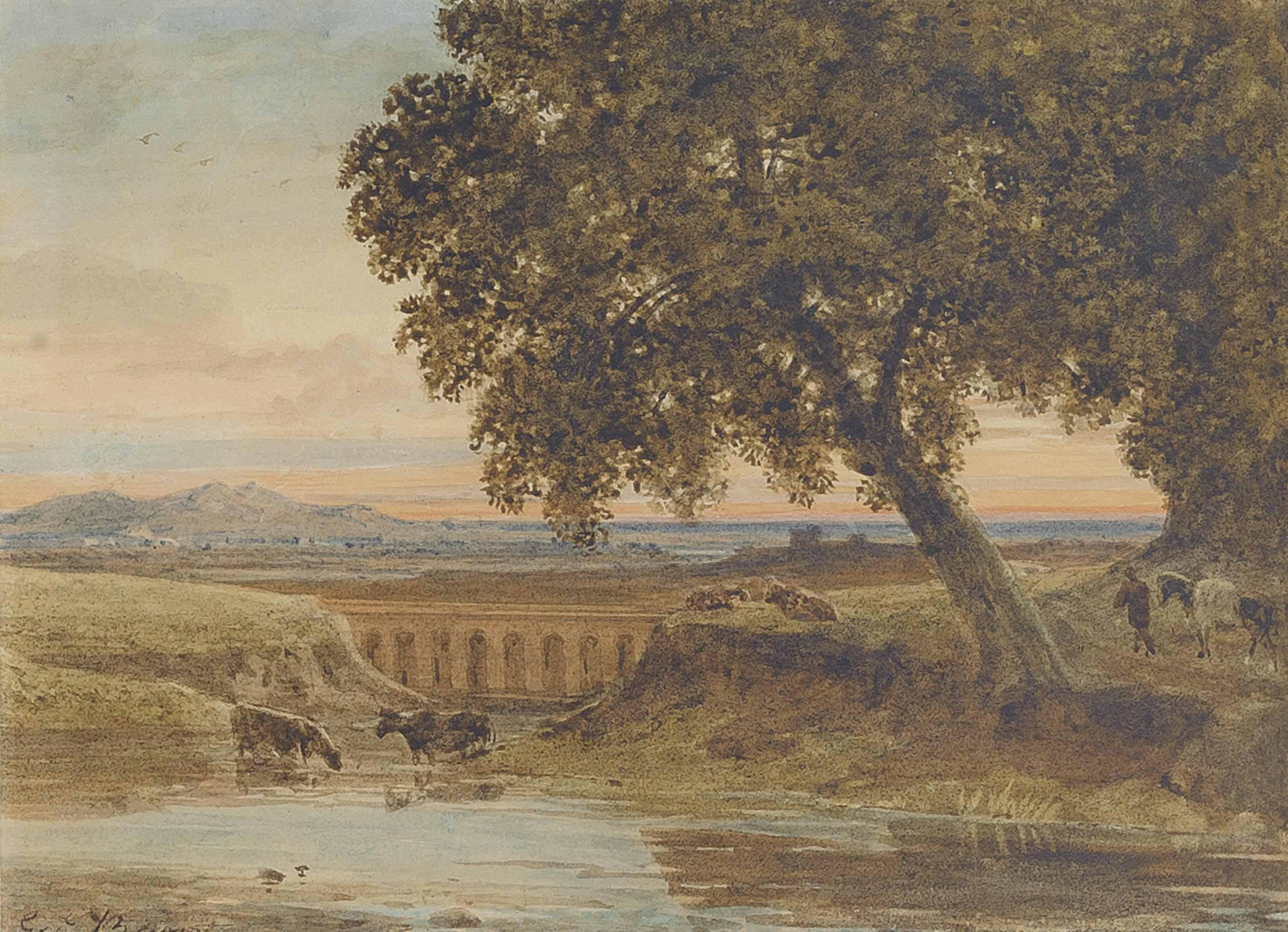 George Barret, Jun., O.W.S. - Cattle watering before a viaduct