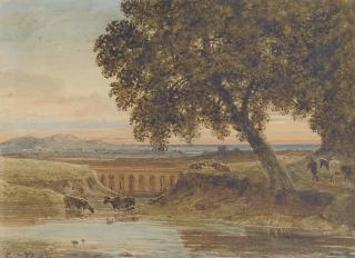 George Barret, Jun., O.W.S. - Cattle watering before a viaduct