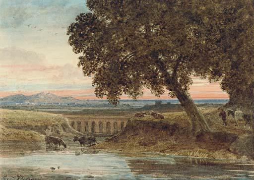 George Barret, Jun., O.W.S. - Cattle watering by a viaduct in the evening light