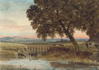 George Barret, Jun., O.W.S. - Cattle watering by a viaduct in the evening light