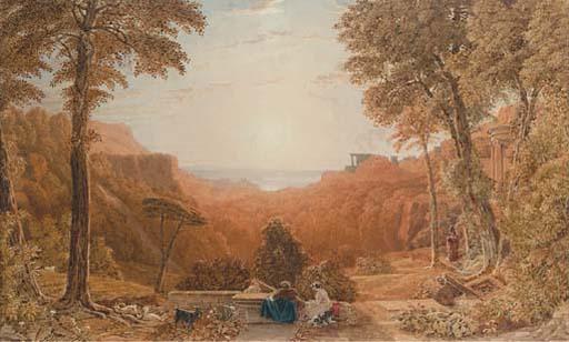 George Barret, Jun., O.W.S. - Classical Evening Landscape With Figures And Goats In The Foreground