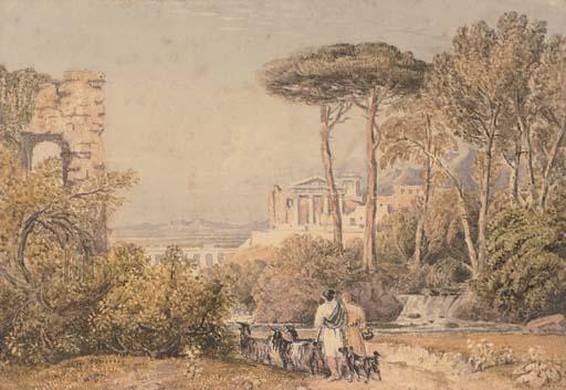 George Barret, Jun., O.W.S. - Droving goats through a classical landscape