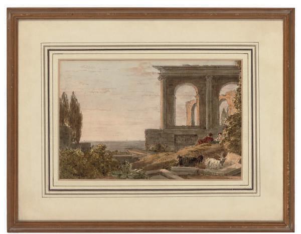 George Barret, Jun., O.W.S. - Goatherders by classical ruins