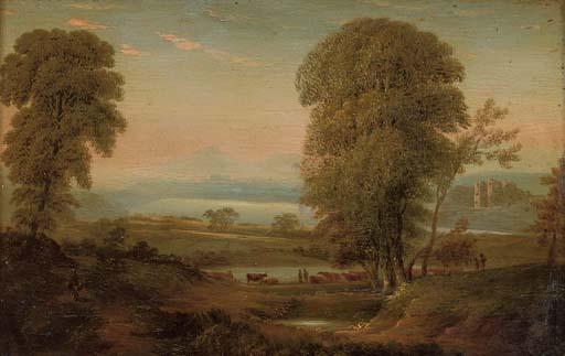 George Barret Jun. - A view in County Wicklow with figures and cattle in the foreground and a ruin to the right