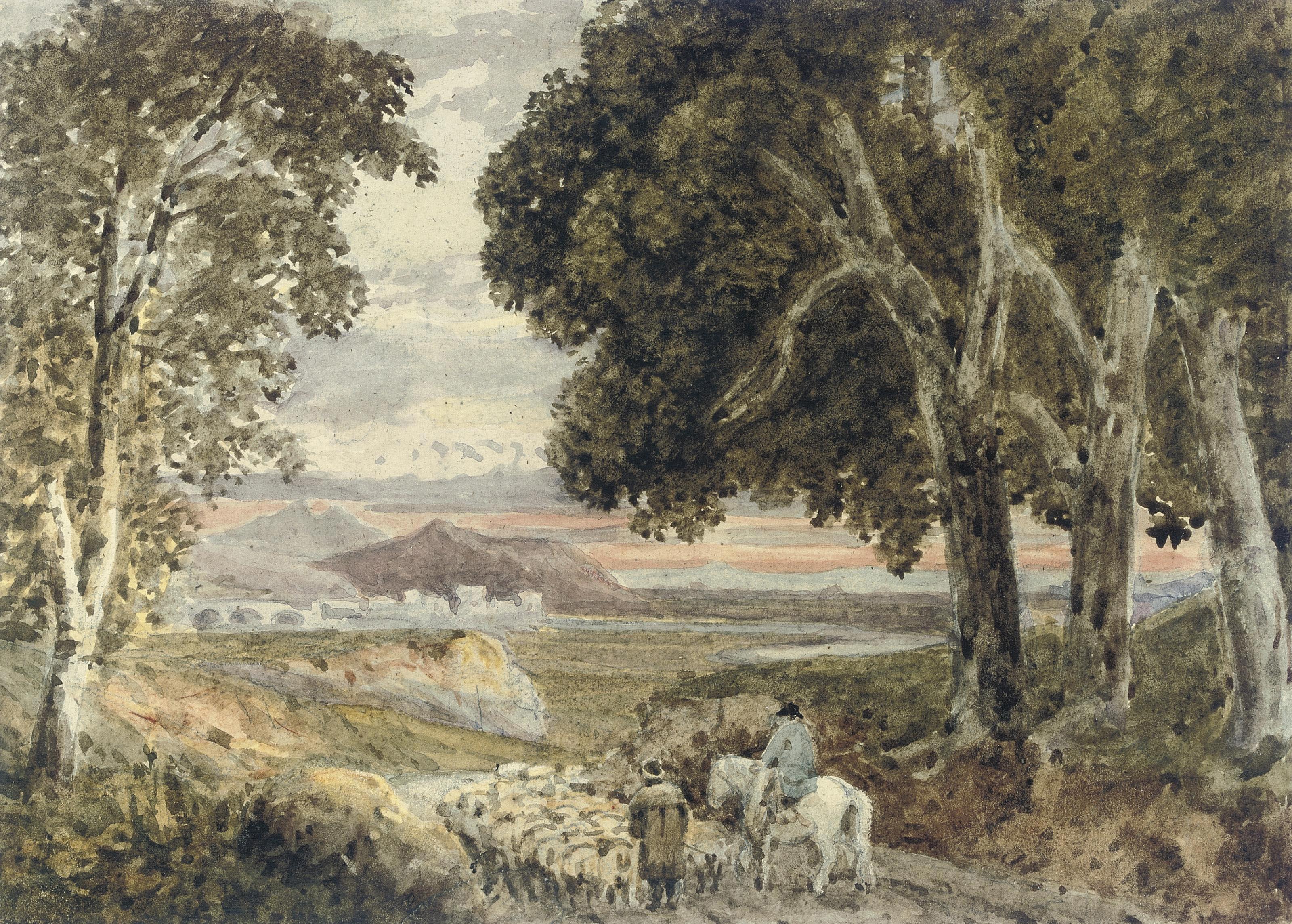 George Barret, Jun. - Shepherds with their flock at sunset, in a mountainous landscape