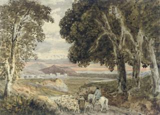 George Barret, Jun. - Shepherds with their flock at sunset, in a mountainous landscape