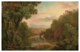 George Barret, R.A. - A classical landscape with fishermen and a washerwoman, a hilltop villa and mountains beyond