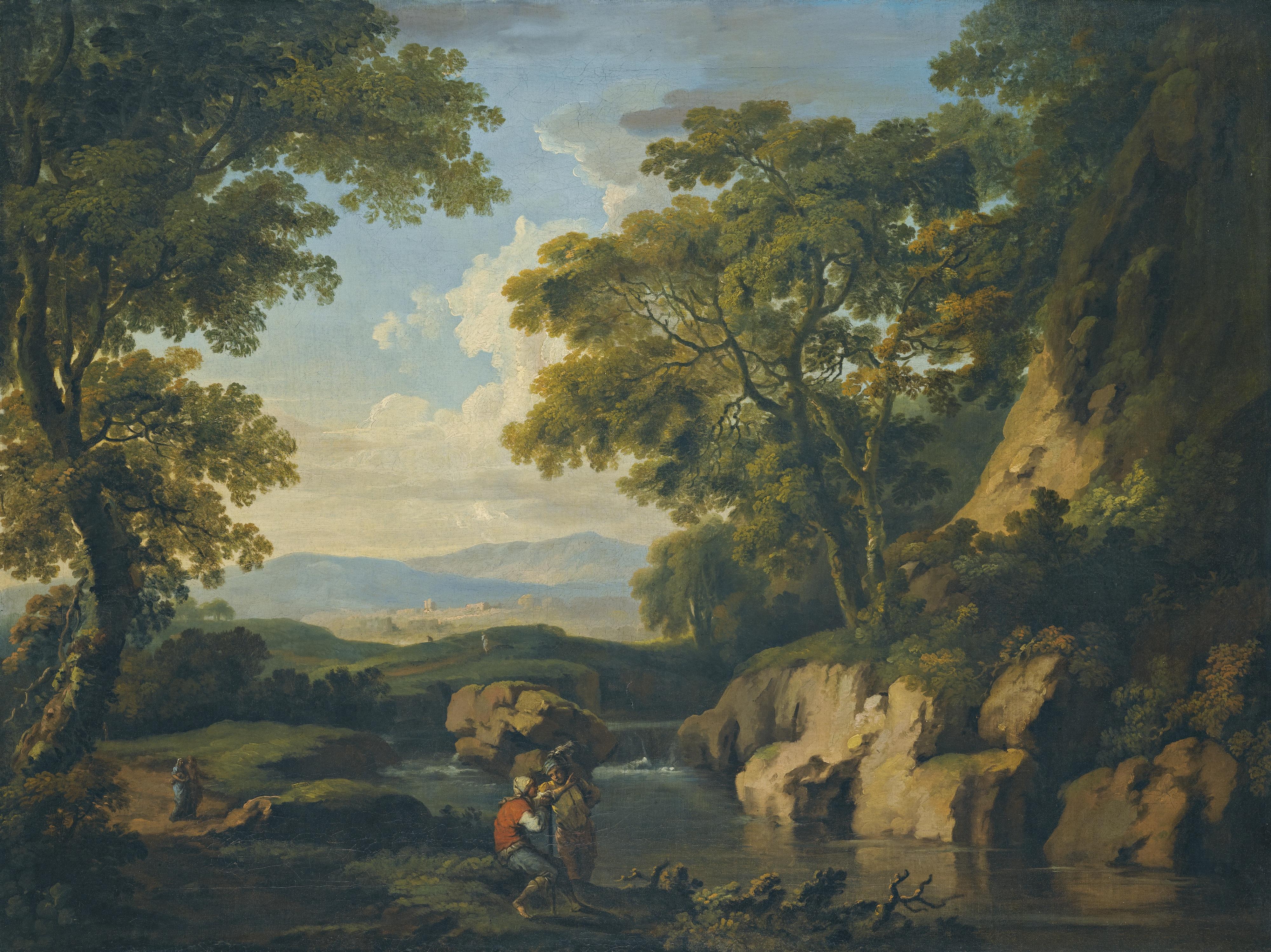 George Barret, R.A. - A Mountainous Wooded Landscape With Figures By A River In The Foreground