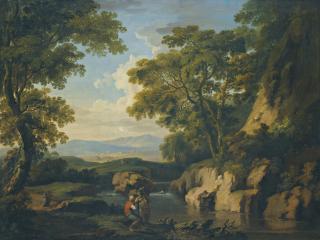 George Barret, R.A. - A Mountainous Wooded Landscape With Figures By A River In The Foreground