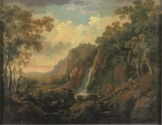George Barret, R.A. - A mountainous wooded river landscape with a waterfall with two figures preparing to fish and another crossing the river across a fallen tree in the foreground