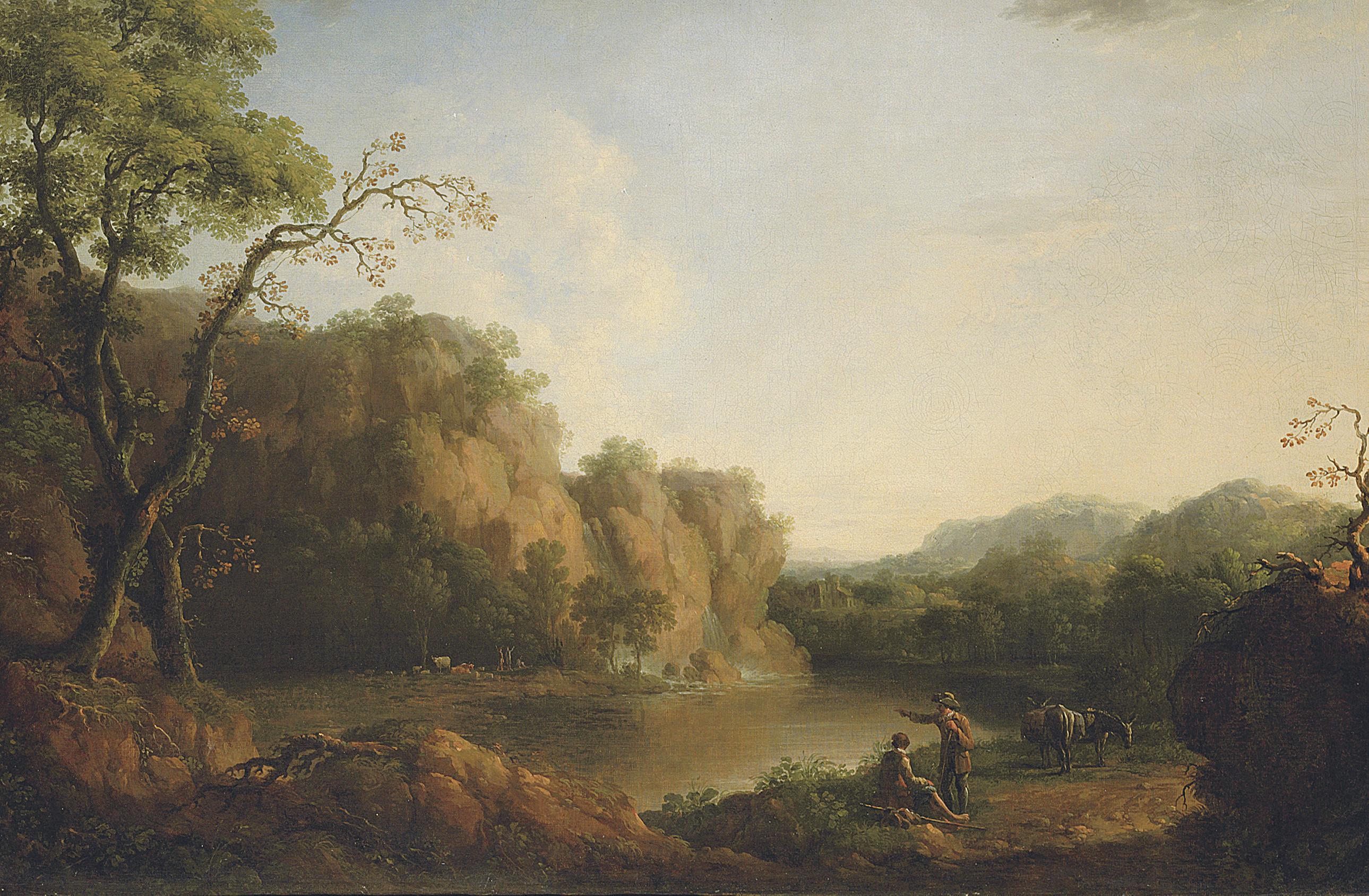 George Barret, R.A. - A rocky wooded river landscape with a waterfall and figures and cattle on the banks