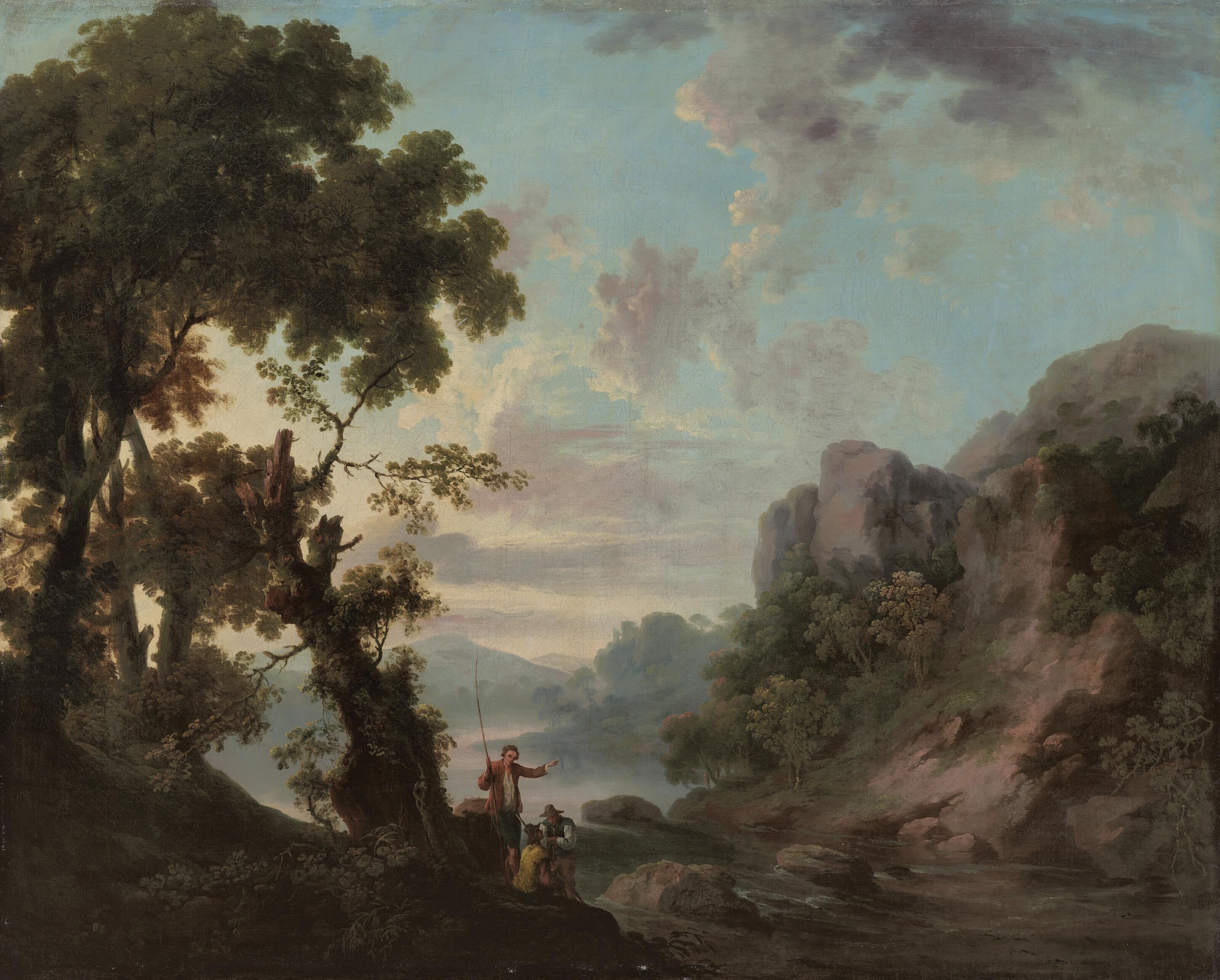 George Barret, R.A. - A wooded landscape with a lake, anglers in the foreground