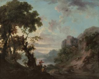 George Barret, R.A. - A wooded landscape with a lake, anglers in the foreground