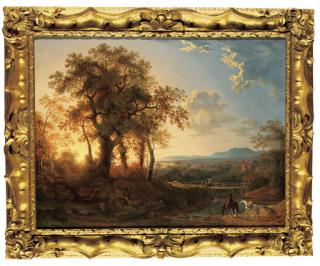 George Barret, R.A. - An extensive wooded river landscape, with a traveller on horseback, a mule and dog in the foreground and cottages beyond