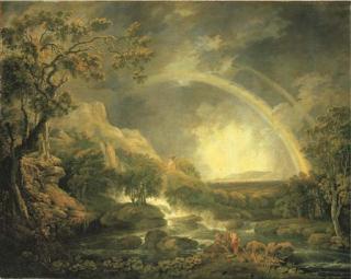 George Barret, R.A. - An extensive wooded river landscape, with anglers beside a pool below a waterfall, and a rainbow