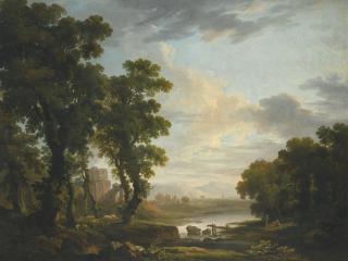 George Barret, R.A. - An Extensive Wooded River Landscape, With Shepherds Reclining In The Foreground And Ruins Beyond