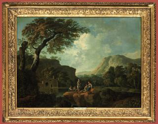 George Barret, R.A. - An italianate river landscape with an angling party, mountains beyond