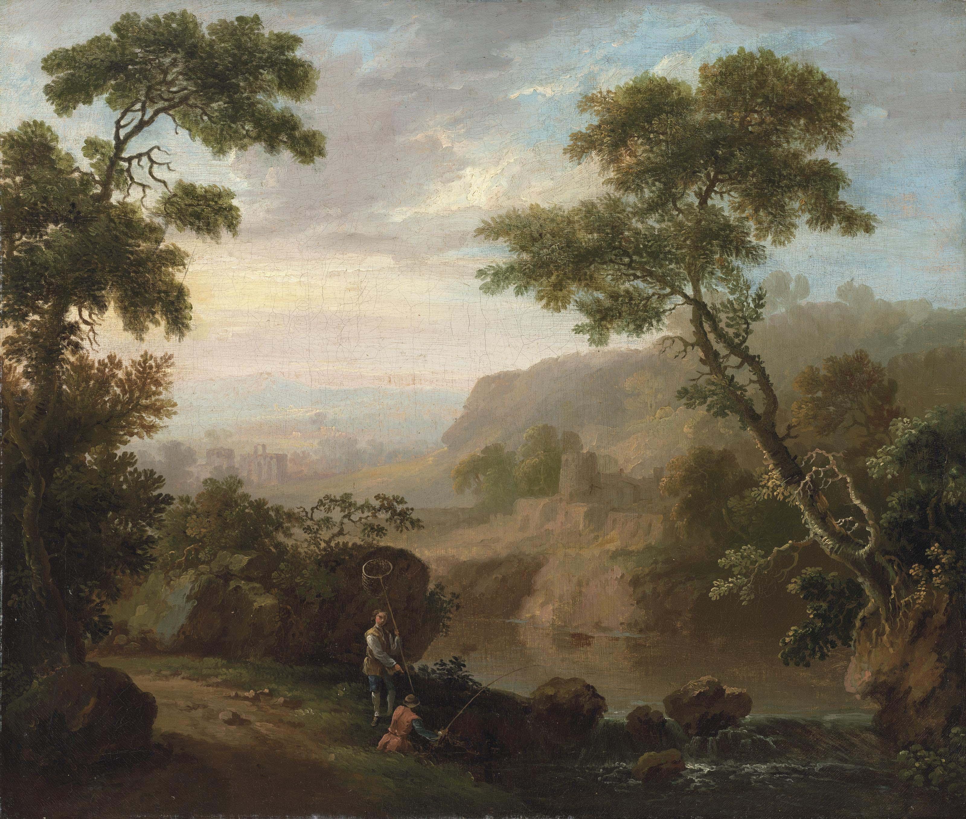 George Barret, R.A. - An Italianate river landscape with ruins, anglers on a bank