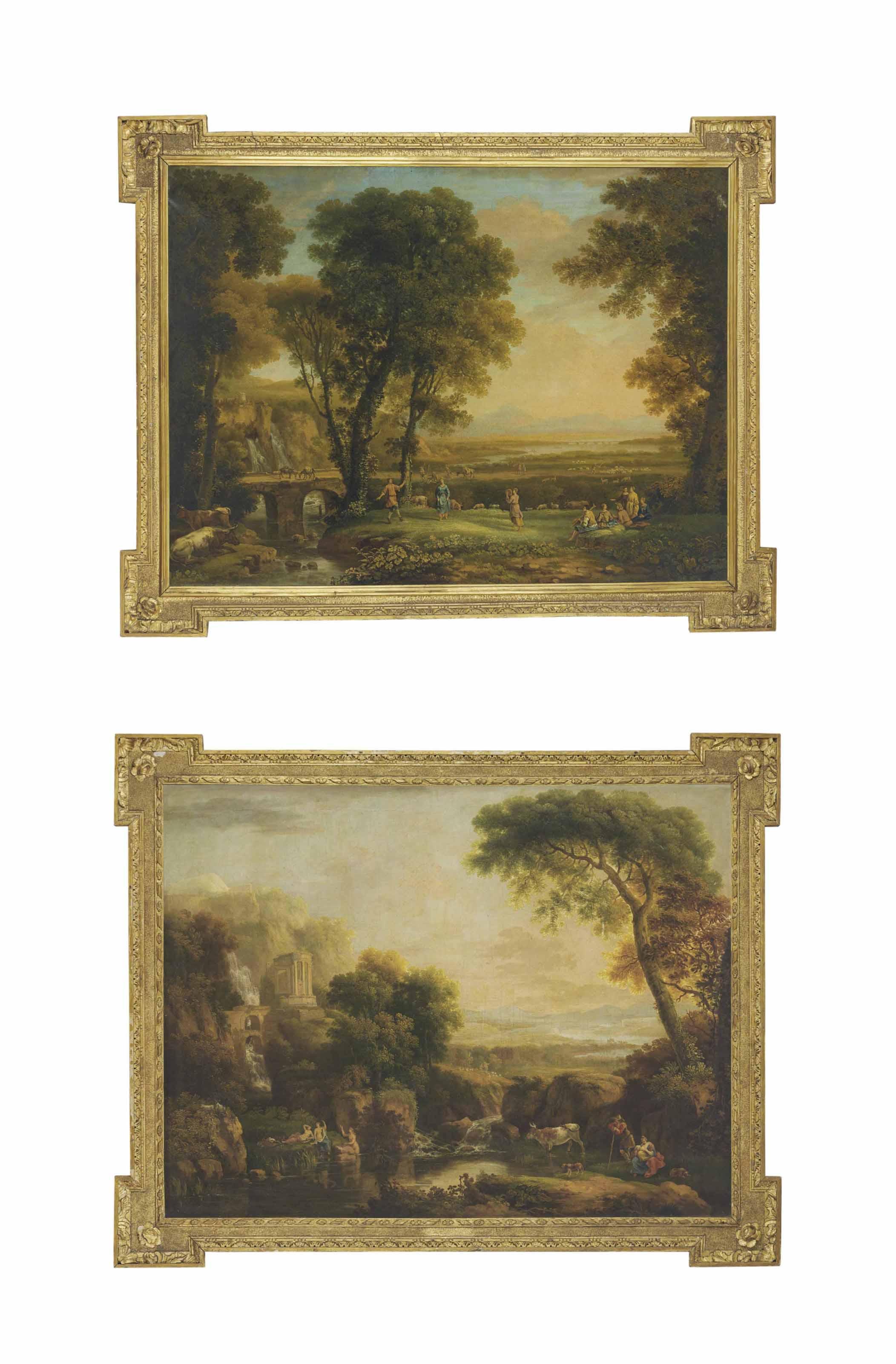 George Barret, R.A. - An Italianate Wooded River Landscape With Bathers, Peasants And Ruins; And An Italianate River Landscape With Travelers, Revelers And A Waterfall