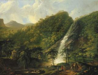 George Barret, R.A. - View of Powerscourt Waterfall, with the octagonal summerhouse, and figures and horses in the foreground