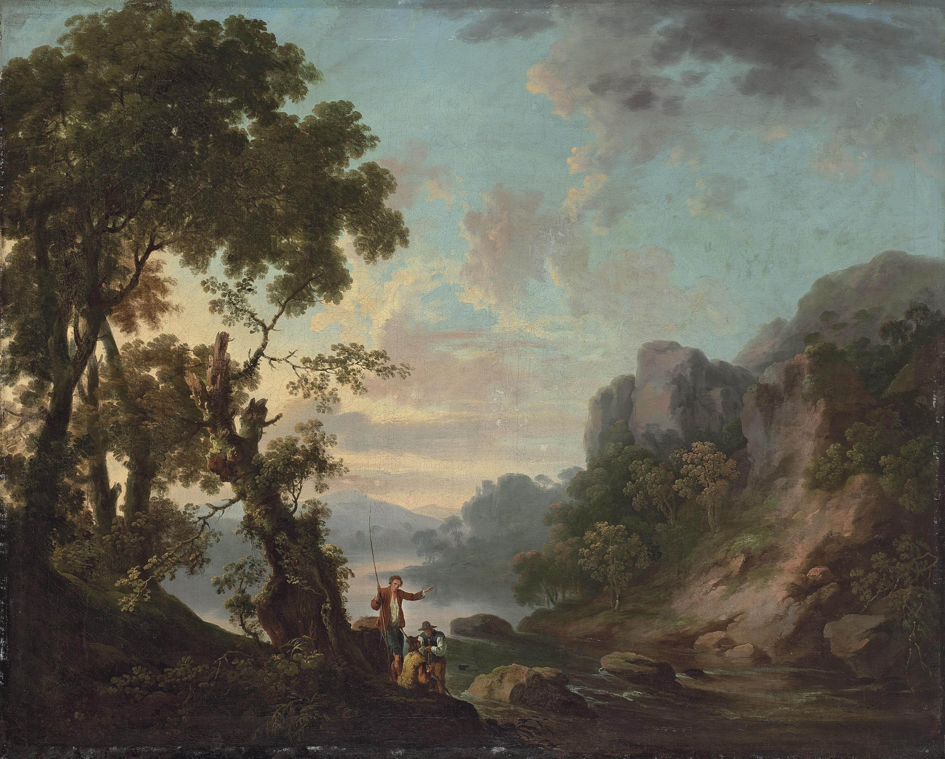 George Barret, R.A. - Wooded landscape with a lake, anglers in the foreground