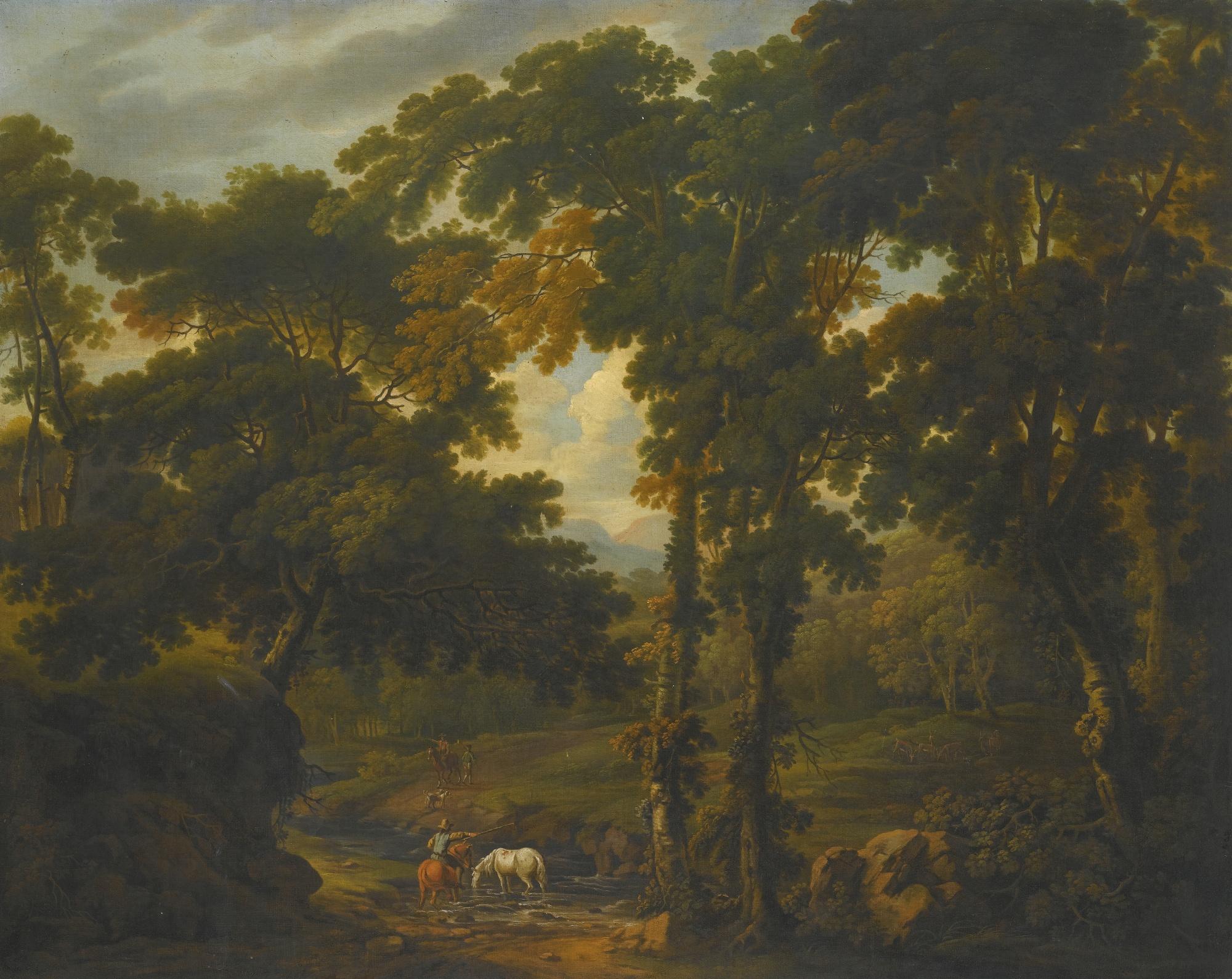George Barret, R.A. - Woodland Scene With A Horseman Crossing A Stream