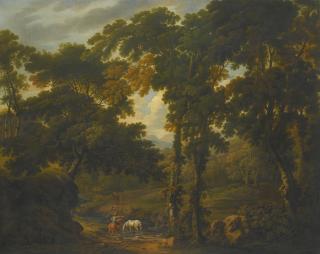 George Barret, R.A. - Woodland Scene With A Horseman Crossing A Stream