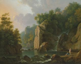 George Barret, Sen., R.A. - A mountainous river landscape based on the Dargle Valley in County Wicklow, with anglers