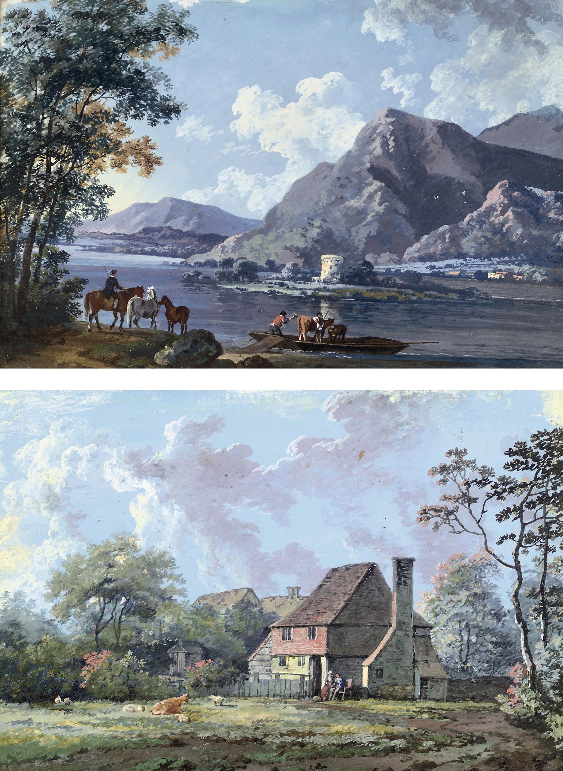 George Barret, Sen., R.A. - Ferrying animals across the lake at Windermere; and Figures sitting outside a farmstead (both illustrated)
