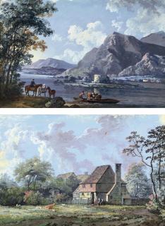 George Barret, Sen., R.A. - Ferrying animals across the lake at Windermere; and Figures sitting outside a farmstead (both illustrated)