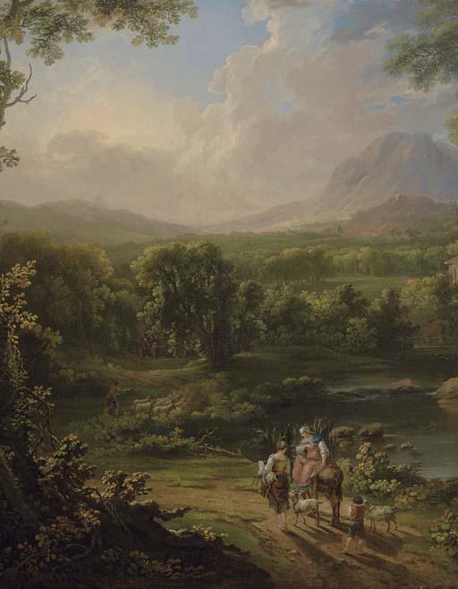 George Barret Sen., R.A. - Mountainous wooded river landscape, with figures and goats on a track in the foreground, and a mill beyond