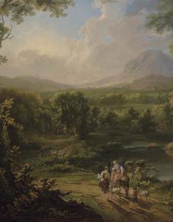 George Barret Sen., R.A. - Mountainous wooded river landscape, with figures and goats on a track in the foreground, and a mill beyond