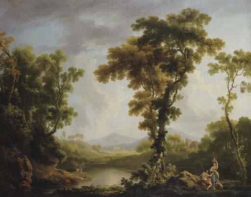 George Barret Sen. - An Italianate wooded river landscape with figures bathing and fishing on the river and a herdsman with a woman carrying an urn, a ruined castle in the distance with mountains beyond