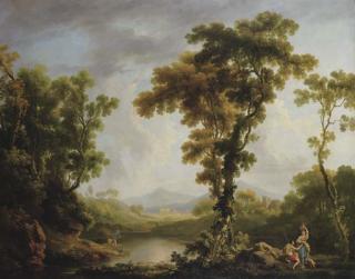 George Barret Sen. - An Italianate wooded river landscape with figures bathing and fishing on the river and a herdsman with a woman carrying an urn, a ruined castle in the distance with mountains beyond