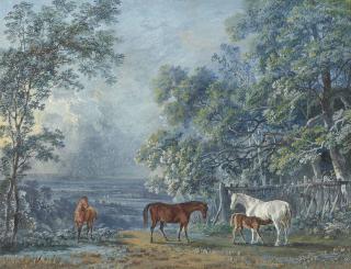 George Barrett, Sen., R.A. - Horses and a foal in an extensive landscape