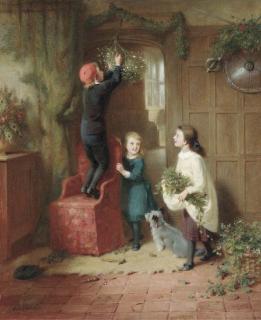 George Bernard O\'Neil - Hanging the mistletoe