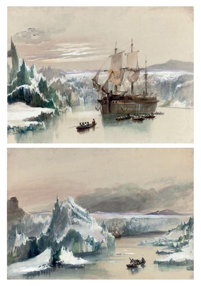 George Bryant Campion, N.W.S. - An exploration vessel anchored in Arctic waters with the crew rowing ashore; and The crew defending themselves from an attack by a polar bear whilst rowing ashore (both illustrated)