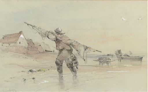 George Bryant Campion, N.W.S. - Fishermen With Their Boats At Sheringham