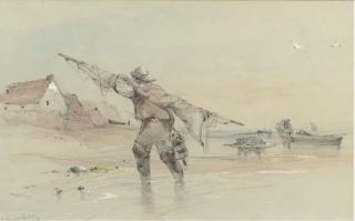 George Bryant Campion, N.W.S. - Fishermen With Their Boats At Sheringham