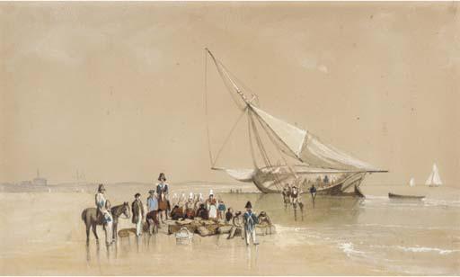 George Bryant Campion - Unloading the supplies on the Breton coast, with customs men checking the cargo