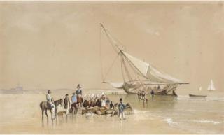 George Bryant Campion - Unloading the supplies on the Breton coast, with customs men checking the cargo