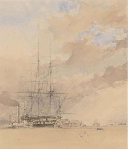 George Chambers, Sen., O.W.S. - A Two-Decker With Hulks In The Harbour At Portsmouth