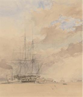 George Chambers, Sen., O.W.S. - A Two-Decker With Hulks In The Harbour At Portsmouth