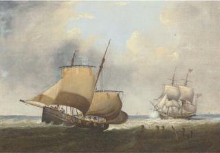 George Chambers, Sen. - A Naval brig astern of an armed lugger firing a shot