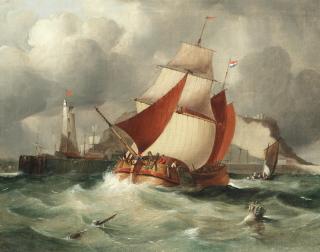 George Chambers, Snr. - A Dutch barge leaving a harbour on the English coast
