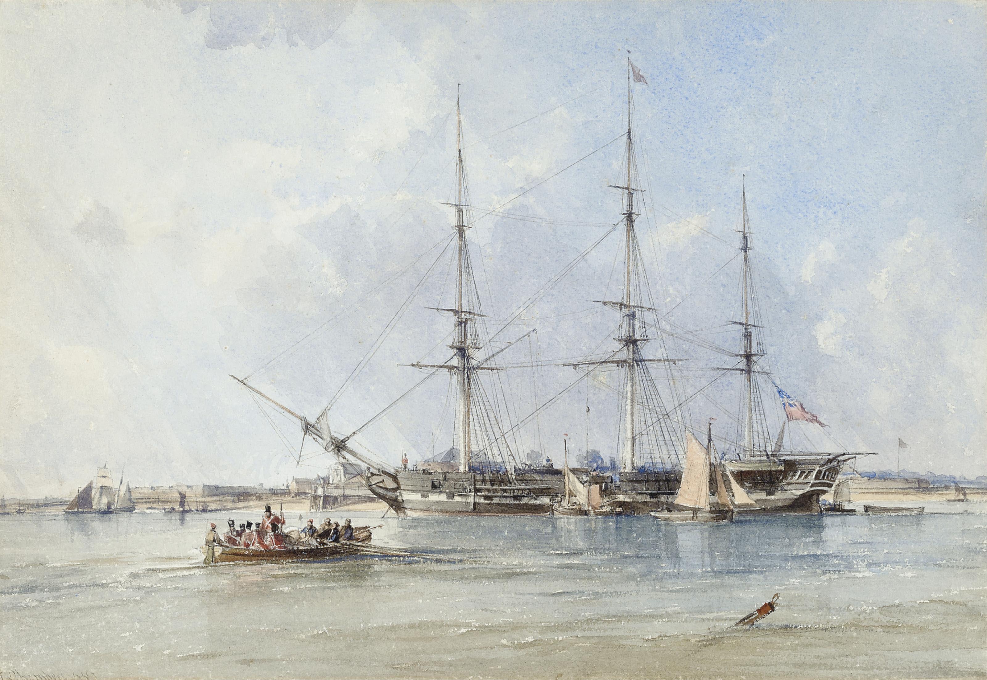 George Chambers - The Blackwall frigate Seringapatam at anchor off Tilbury Fort