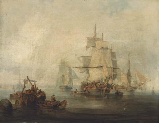 George Chambers - Trading brigs at anchor and drying their sails as the cargo is unloaded