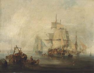 George Chambers - Trading brigs at anchor and drying their sails as the cargo is unloaded