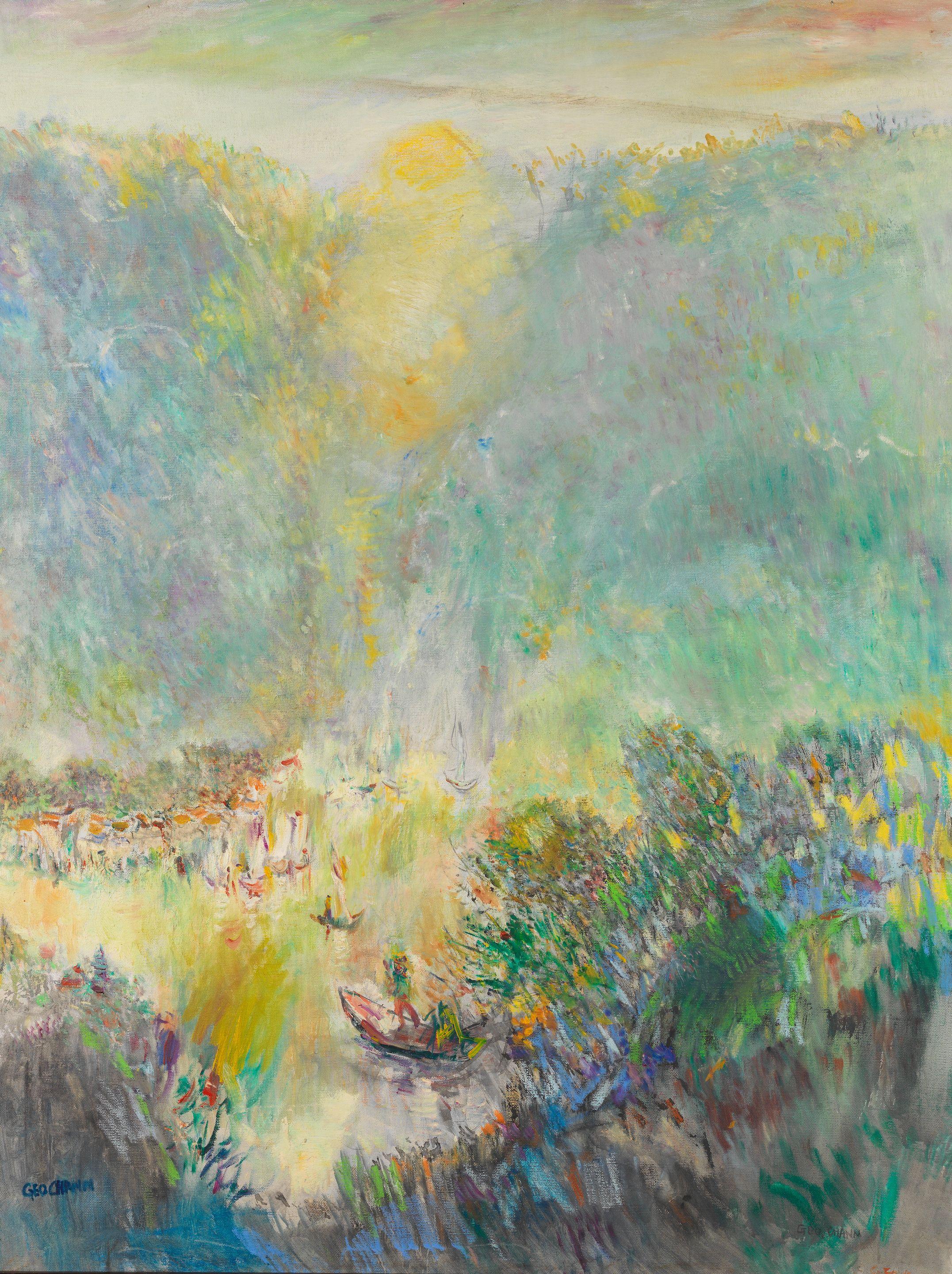 George Chann - Lake Scene with Fisherman