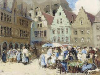 George Charles Haité, R.I. - A Dutch trading barge at her mooring, Holland; View of a Venetian canal; and A Northern European market square (illustrated)